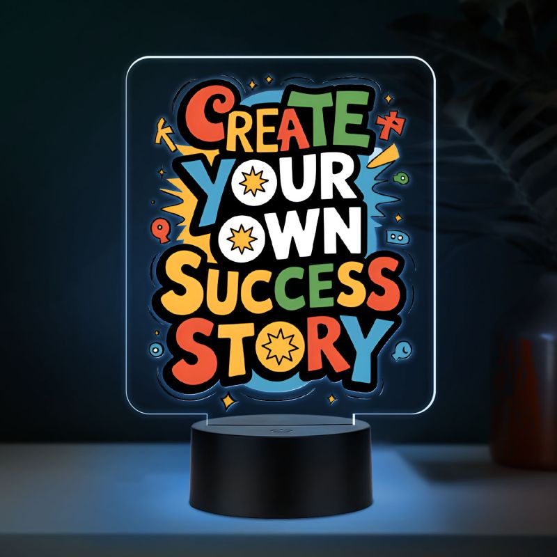 Motivational Create Your Own Success Story Quote Printed LED Desk Table Light with Automatic Color Changing Frame Inspirational Gift for Students, Friends, Men & Women